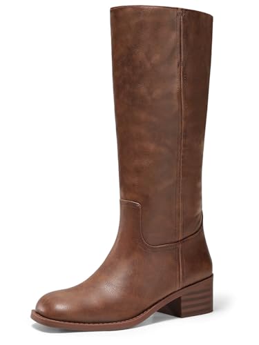 Coutgo Damen Kniehohe Stiefel Quadratische Zehe Chunky Blockabsatz Hohe Stiefel Bequeme Niedrige Ferse Schuhe, Dunkelbraun, 42 EU von Coutgo