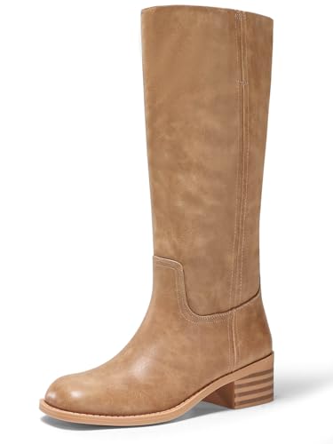 Coutgo Damen Kniehohe Stiefel Quadratische Zehe Chunky Blockabsatz Hohe Stiefel Bequeme Niedrige Ferse Schuhe, Helles Braun, 39 EU von Coutgo
