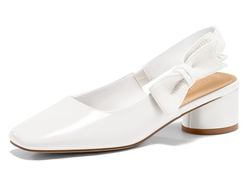 Coutgo Damen Niedrige Blockabsätze Slingback Schleife Geschlossene Quadratische Zehenpartie Slip On Arbeitspumps Kleid Schuhe, Weiss/opulenter Garten, 42 EU von Coutgo