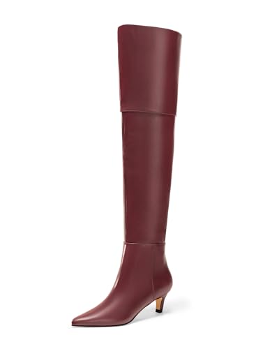 Coutgo Damen Oberschenkelhohe Stiefel über dem Knie Kitten Heel Spitz Zehe Lange Stiefel Herbstschuhe, Burgunderrotes Kunstleder, 40 EU von Coutgo