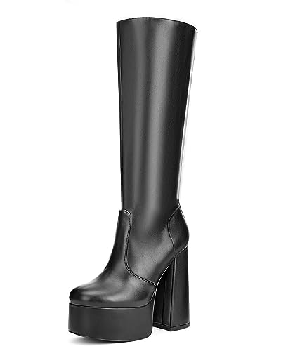 Coutgo Damen Plateau Kniehohe Stiefel Chunky Heel Sexy Runde Zehe Seitlicher Reißverschluss Lange Stiefel, Schwarz, 39 EU von Coutgo