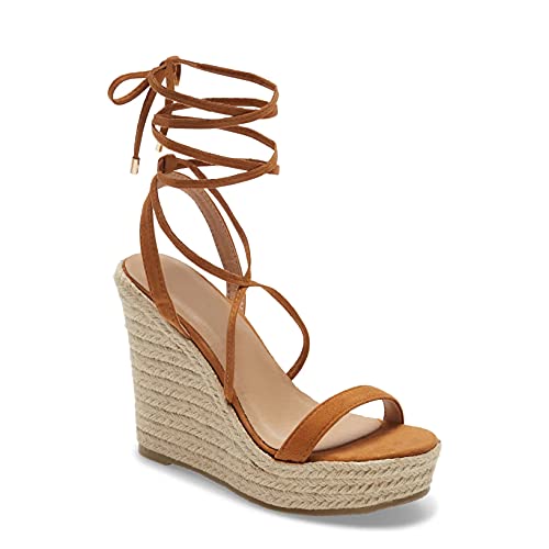 Coutgo Damen Plateau-Sandalen mit Keilabsatz, Espadrille, Schnürung, Slingback, Knöchel, Kreuzriemen, Rückenbindung, offene Zehenpartie, Sommerschuhe mit Absatz, Helles Braun, 38 EU von Coutgo