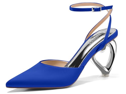 Coutgo Damen-Pumps mit Kätzchen-Absätzen, spitzer Zehenbereich, Herzabsatz, Knöchelriemen, Satin, Pumps, Hochzeit, Abschlussball, Kleid, Königsblau, 42 EU von Coutgo