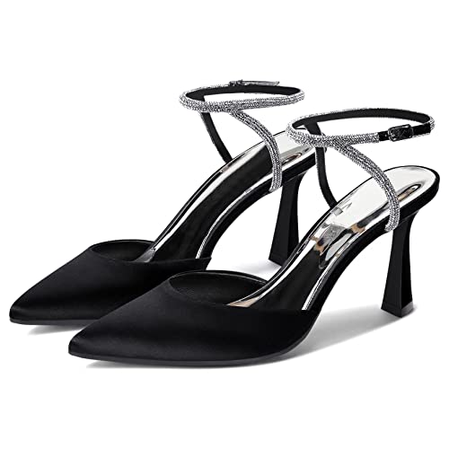 Coutgo Damen-Pumps mit Strasssteinen, spitzem Zehenbereich, Stiletto, Kätzchen, Satin, Hochzeitskleid, Schuhe, Schwarz, 36 EU von Coutgo