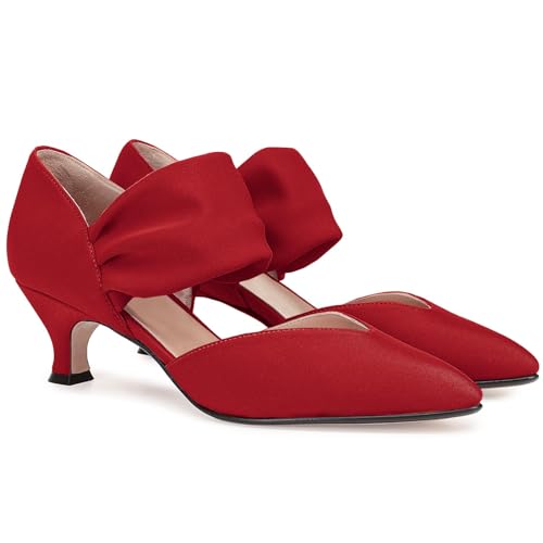 Coutgo Damen-Pumps mit niedrigem Kätzchen-Absatz, spitzer Zehenbereich, Knöchelriemen, Ausschnitt, elegant, Party, Hochzeit, Pumps, rot, 42.5 EU von Coutgo