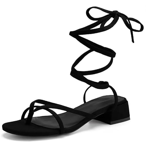 Coutgo Damen-Sandalen mit Riemchen, zum Schnüren, mit Absatz, klobiger Block, Flip-Flop, Tanga, Kleid, Sommer, flache Sandalen, Schwarz, 39 EU von Coutgo