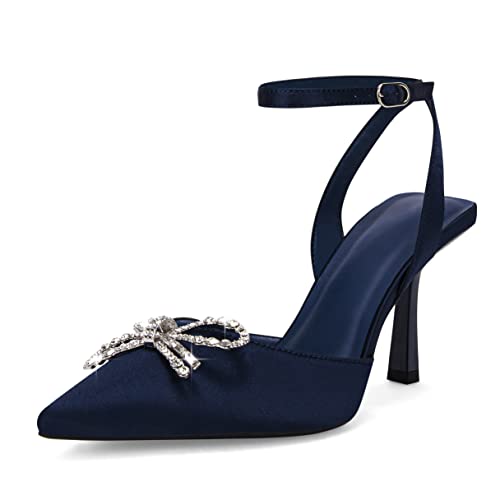 Coutgo Damen-Schuhe mit Strass-Schleifenabsatz, Pumps, Kätzchen-Absatz, spitzer Zehenbereich, Slingback-Schuhe, Marineblau, 40.5 EU von Coutgo