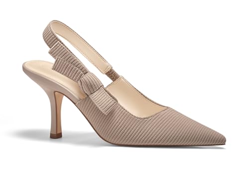 Coutgo Damen Slingback Kitten Heels Geschlossene Spitze Spitze Schleife Strick Slip On Arbeitspumps Kleid Schuhe, Light Coffee (High Heels), 40 EU von Coutgo