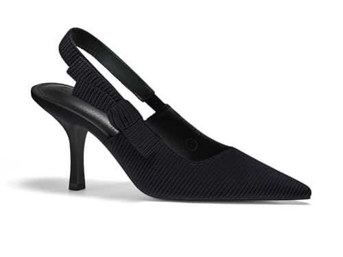 Coutgo Damen Slingback Kitten Heels Geschlossene Spitze Spitze Schleife Strick Slip On Arbeitspumps Kleid Schuhe, Poliertes Schwarz, 41 EU von Coutgo