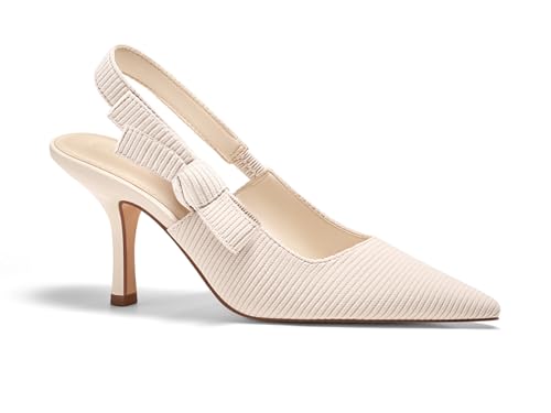 Coutgo Damen Slingback Kitten Heels Geschlossene Spitze Spitze Schleife Strick Slip On Arbeitspumps Kleid Schuhe, aprikose, 37.5 EU von Coutgo