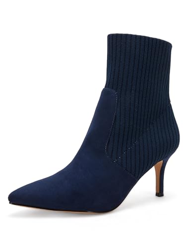 Coutgo Damen Spitz Zehe Stiefeletten Stiletto Kätzchen Absatz Strick Wildleder Winter Socken Booties, navy, 38.5 EU von Coutgo