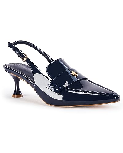 Coutgo Damen Spitze Zehen Sandalen Slingback Kätzchen Absatz Pumps Slip On Knöchel Schnalle Kleid Schuhe, Marineblau, 39 EU von Coutgo