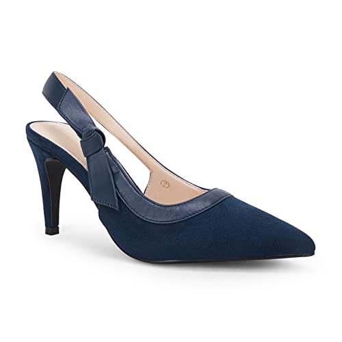 Coutgo Damen Spitze Zehenpartie Sling Back Schleife Absätze Stiletto High Heel Kleid Pumps Slip On Hochzeit Party Arbeitsschuhe, Marineblau/Wildleder, 38 EU von Coutgo