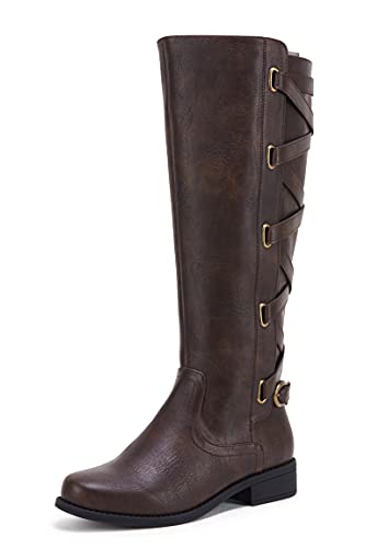 Coutgo Damen-Stiefel, kniehoch, zum Schnüren, für Motorradfahren, flache Absatz, Riemen, Winter-Kampfstiefel, Dunkelbraun, 38 EU von Coutgo