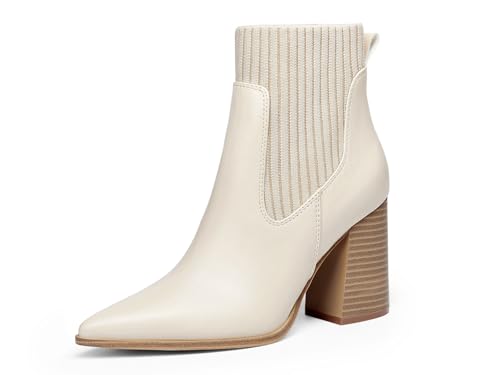 Coutgo Damen-Stiefeletten, Stiefeletten, spitzer Zehenbereich, grob, gestapelt, hoher Absatz, Strick, Chelsea, Winterkleid, Booties, Beige, 37 EU von Coutgo
