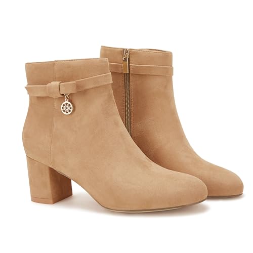 Coutgo Damen Stiefeletten Chunky Block Low Heel Vintage Tie Knot Booties Schuhe mit seitlichem Reißverschluss, Helles Braun, 38 EU von Coutgo