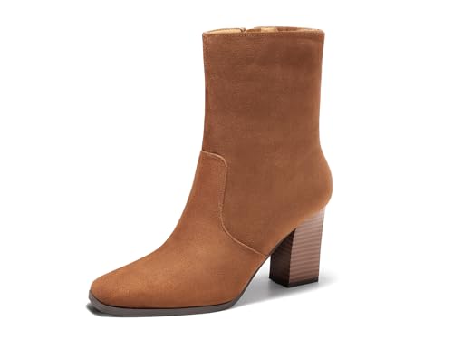 Coutgo Damen-Stiefeletten mit Blockabsatz, quadratischer Zehenbereich, seitlicher Reißverschluss, Wildlederimitat, Herbstschuhe, Braun, 37.5 EU von Coutgo