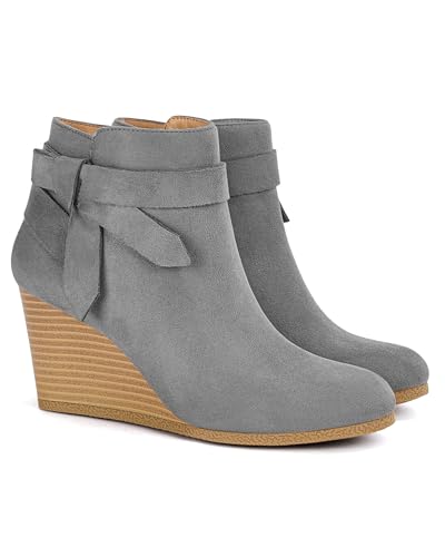 Coutgo Damen-Stiefeletten mit Keilabsatz, Knoten, gestapelter Absatz, seitlicher Reißverschluss, Winterkleidschuhe, GRAU, 37.5 EU von Coutgo