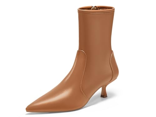 Coutgo Damen-Stiefeletten mit niedrigem Kätzchen-Absatz, spitzer Zehenbereich, seitlicher Reißverschluss, Herbstschuhe, Braun, 38 EU von Coutgo