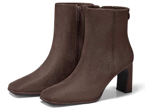 Coutgo Damen Stiefeletten mit quadratischem Zehenbereich, Blockabsatz, seitlicher Reißverschluss, Wildlederimitat, Winterschuhe, Schokolade, 38.5 EU von Coutgo