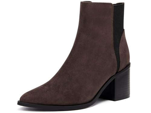 Coutgo Damen-Stiefeletten mit spitzem Zehenbereich, elastisch, klobig, gestapelt, mittelhoher Absatz, Schlupfstiefel, Chelsea-Stiefel, Schokoladenbraun (Wildleder), 38 EU von Coutgo