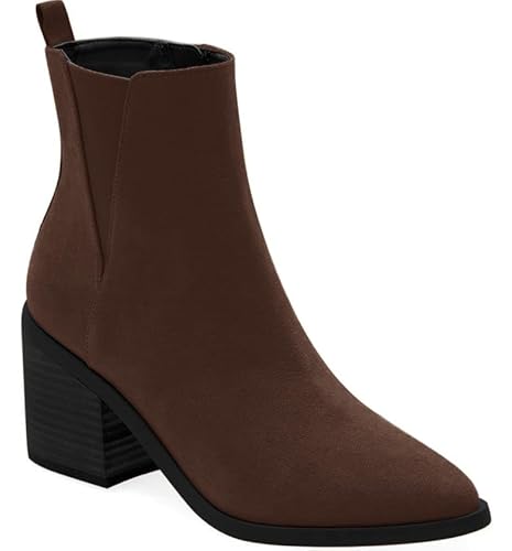 Coutgo Damen-Stiefeletten mit spitzem Zehenbereich, klobiger Blockabsatz, seitlicher Reißverschluss, Chelsea, Herbststiefel, Schokolade, 41 EU von Coutgo