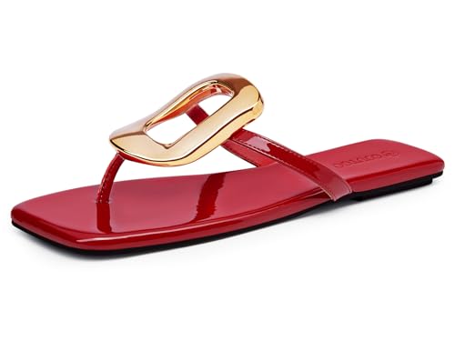 Coutgo Flache Damen-Sandalen, bequeme Flip-Flops, Slide-Sandalen, Sommer, Strandschuhe mit Metallverzierung, Rot/Ausflug, einfarbig (Getaway Solids), 39 EU von Coutgo
