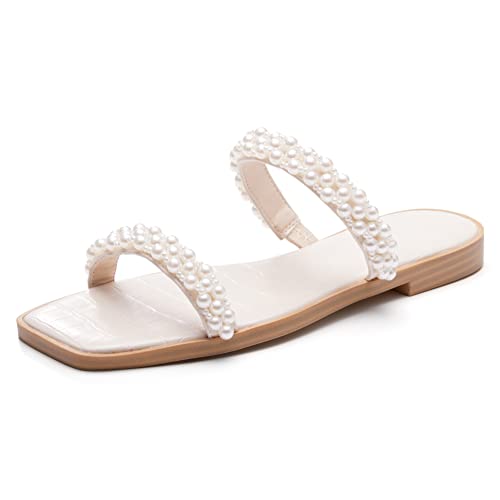 Coutgo Flache Damen-Sandalen, quadratisch, offene Zehenpartie, Perlen, zwei Riemen, zum Reinschlüpfen, Strand, elegante Sandalen, Beige, 35.5 EU von Coutgo