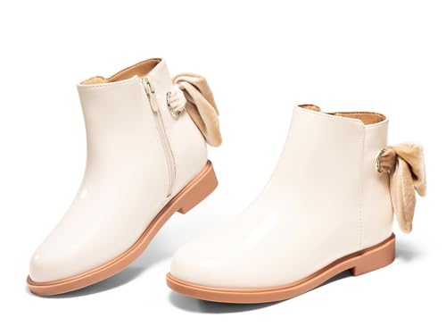Coutgo Mädchen Stiefeletten Kinder Schleife Chunky Low Heel Seite Reißverschluss Kleid Booties Mode Herbst Schuhe, Cremeweiß, 4 Big Kid von Coutgo