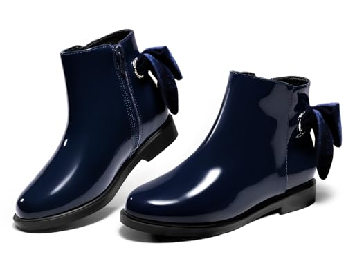 Coutgo Mädchen Stiefeletten Kinder Schleife Chunky Low Heel Seite Reißverschluss Kleid Booties Mode Herbst Schuhe, Marineblau, 11 Little Kid von Coutgo