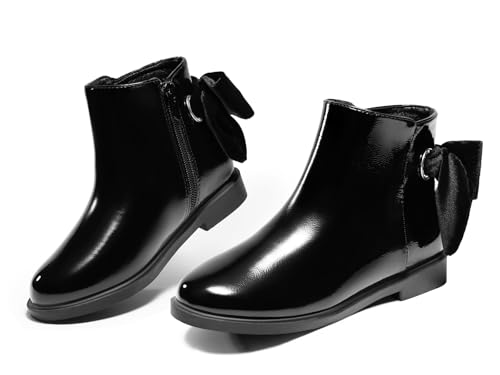 Coutgo Mädchen Stiefeletten Kinder Schleife Chunky Low Heel Seite Reißverschluss Kleid Booties Mode Herbst Schuhe, Schwarz, 2 Little Kid von Coutgo