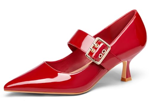 Coutgo Mary Jane Damen-Schuhe, Kätzchen-Absätze, geschlossen, spitzer Zehenbereich, Anzugschuhe, Schnalle, Arbeit, Büro, Pumpschuhe, Rot/Ausflug, einfarbig (Getaway Solids), 36 EU von Coutgo