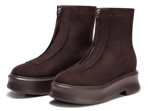 Coutgo Plateau-Stiefeletten für Damen, bequem, Block, niedriger Absatz, Chelsea-Stiefel, lässiger Herbststiefel mit Reißverschluss vorne, Schokolade, 42 EU von Coutgo