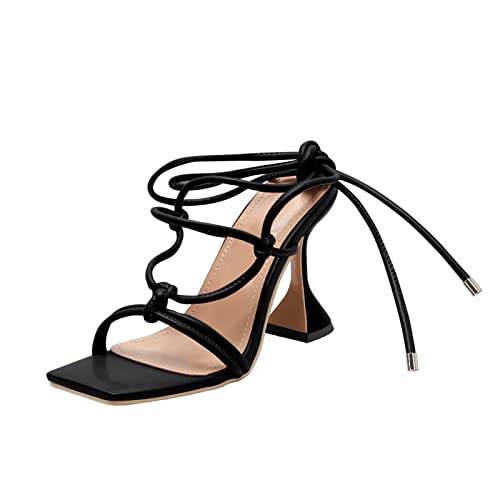 Coutgo Riemchen-Absätze für Frauen, Schnürung, quadratische offene Zehen, Kleidersandalen, Stiletto-Absatz für Sommerparty, Schwarz, 39 EU von Coutgo