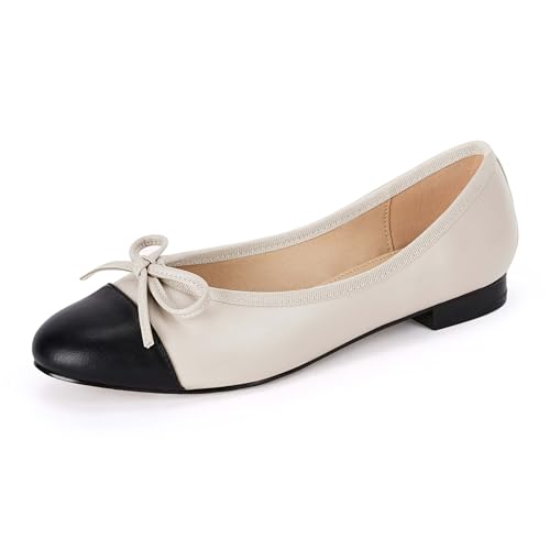 Damen Ballerinas mit Zehenkappe, Schleife, spitzer Zehenbereich, Slipper, Büro, Arbeit, Komfort, Kleid, Party, flache Schuhe, Beige, 38 EU von Coutgo