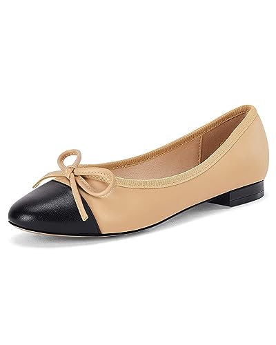 Damen Ballerinas mit Zehenkappe, Schleife, spitzer Zehenbereich, Slipper, Büro, Arbeit, Komfort, Kleid, Party, flache Schuhe, Beige, 40.5 EU von Coutgo