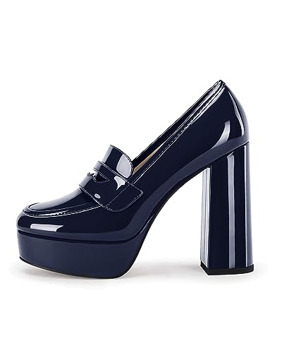 Damen Chunky Plateau High Heels Penny Loafers Geschlossene Zehen Blockabsatz Slip On Kleid Büro Pumps Schuhe, Marineblau, 38 EU von Coutgo