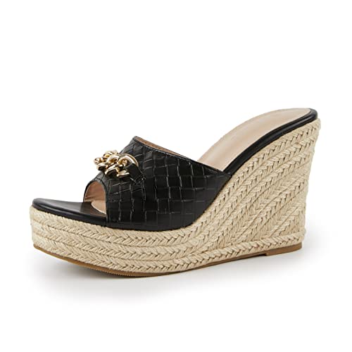 Damen Espadrille-Sandalen mit Plateau-Keilabsatz und Kette, rückenfrei, offene Zehenschuhe, schwarz, 37 EU von Coutgo