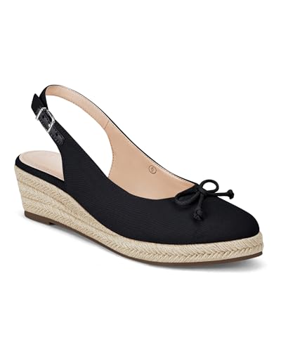 Damen Espadrilles mit geschlossenem Zehenbereich, Keilabsatz, Plateau, Slingback, mittelhoher Absatz, Segeltuch, Schleife, Kleid, Schwarz, 40.5 EU von Coutgo