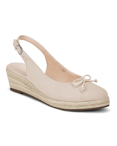 Damen Espadrilles mit geschlossenem Zehenbereich, Keilabsatz, Plateau, Slingback, mittelhoher Absatz, Segeltuch, Schleife, Kleid Sandalen, Hautfarben, 43 EU von Coutgo