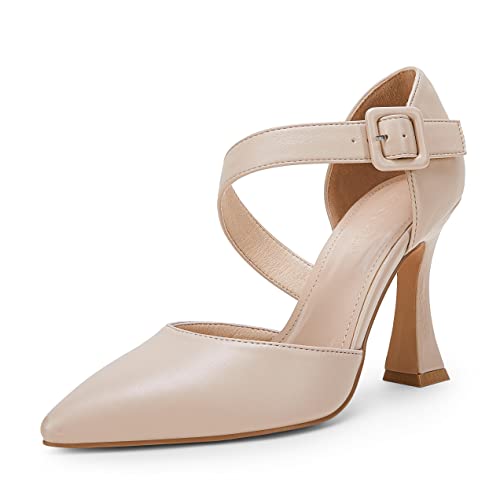 Damen One Cross Strap Pumps Pointed Toe Stiletto High Heels Schnalle Riemen Kleid Schuhe, nude, 40.5 EU von Coutgo