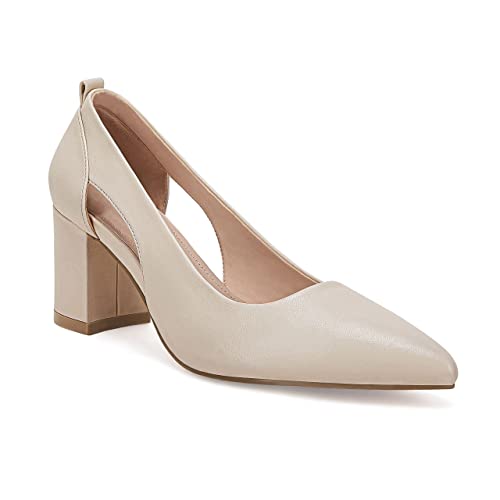 Damen-Pumps mit Blockabsatz, geschlossen, spitze Zehenpartie, zum Hineinschlüpfen, Büro, Hochzeitskleid, Schuhe, Hautfarben, 38 EU von Coutgo