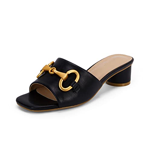 Damen-Sandalen, klobig, runder Absatz, quadratisch, Peep-Toe-Sandalen, zum Reinschlüpfen, Einzelband, bequeme Pantoletten mit Metallkette, Schwarz, 38.5 EU von Coutgo