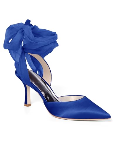 Damen-Schnürschuhe, Satin, Absätze, Schleife, spitz, geschlossener Zehenbereich, Brautkleid, niedriger Absatz, elegante Pumps, Blau-Satin, 35.5 EU von Coutgo