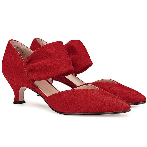 Damen-Schuhe mit niedrigem Kätzchen-Absatz, spitz zulaufender Zehenbereich, zum Reinschlüpfen, Knöchelriemen, Ausschnitt, elegant, Party, Hochzeit, Rot/Ausflug, einfarbig (Getaway Solids), 39 EU von Coutgo