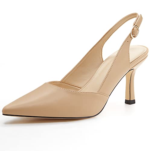 Damen Slingback Kätzchen Absätze Geschlossene Spitze Zehen Rückenfrei Hochzeit Party Kleid Pumps Schuhe, Khaki, 38 EU von Coutgo