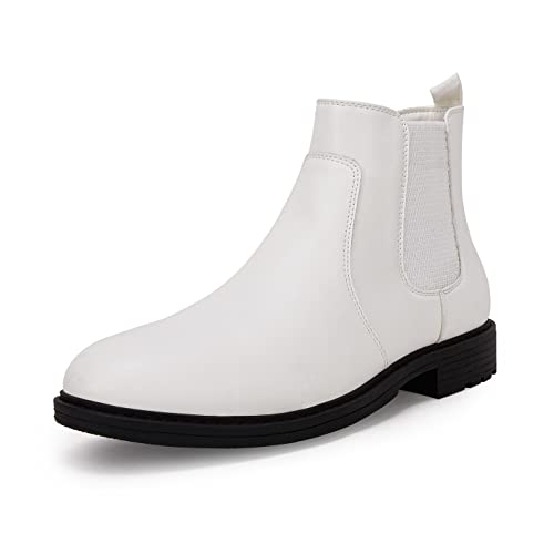 Herren Chelsea Boots Round Toe Slip on Wasserdicht Kunstleder Klassisch Knöchel Kleid Booties für Herren, Weiß, 47 EU von Coutgo