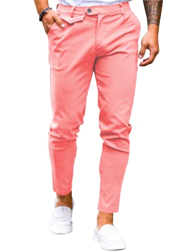 Herren-Chino-Hose, schmale Passform, flache Vorderseite, Stretch, schmal, konisch, bequem, lässig, solide Hose, 1-rosa Chino, Mittel von Coutgo