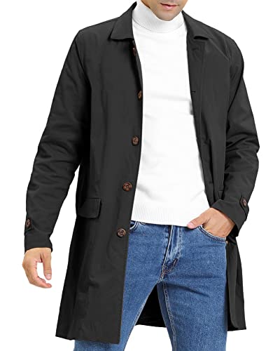Herren Trenchcoat Slim Fit Einreihig Casual Lange Jacke Leicht Revers Herbst Windbreaker Übermantel, Schwarz, Medium von Coutgo
