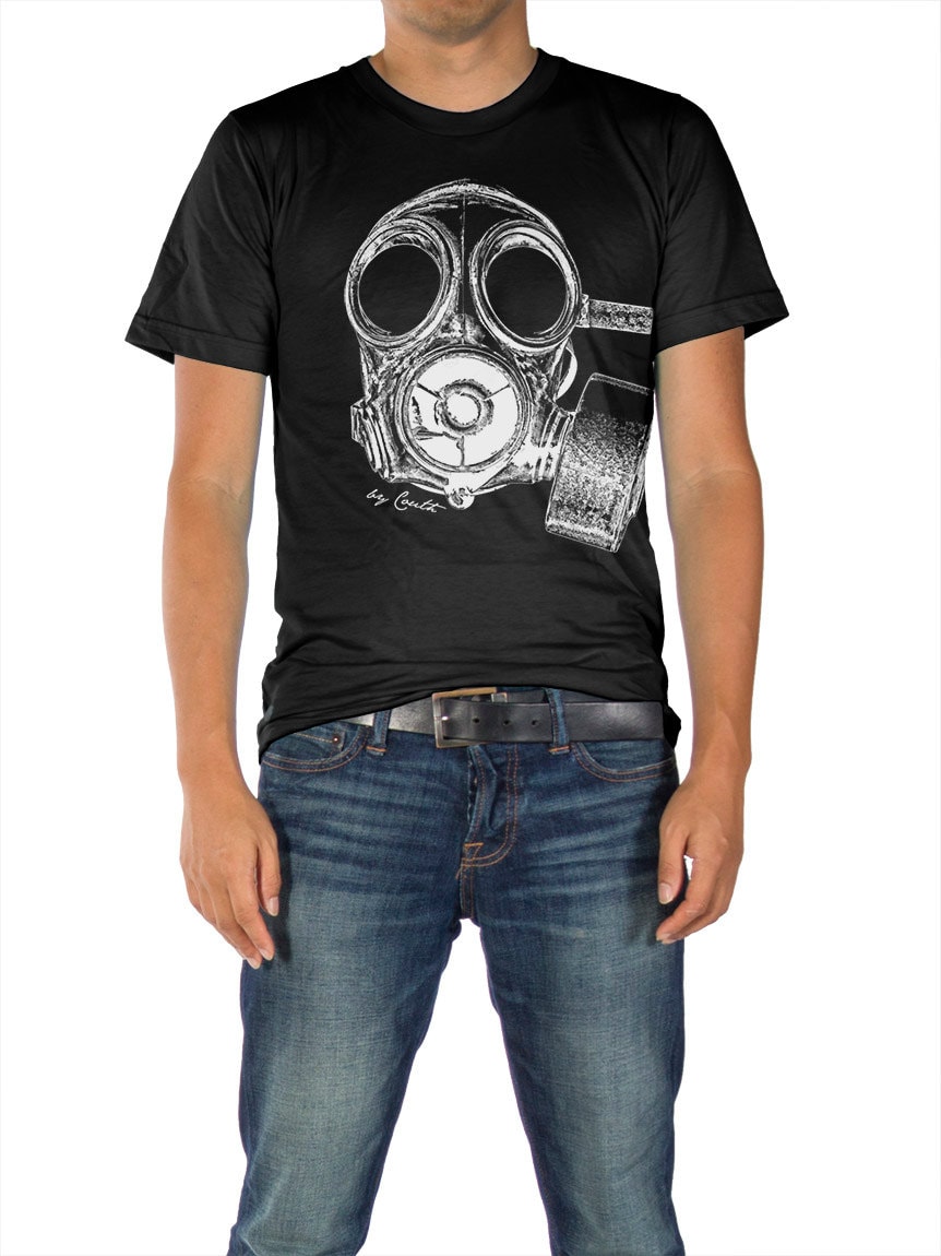 Vintage Gasmaske T-Shirt Handbedrucktes Steampunk Baumwoll T-Shirt von Couthclothing